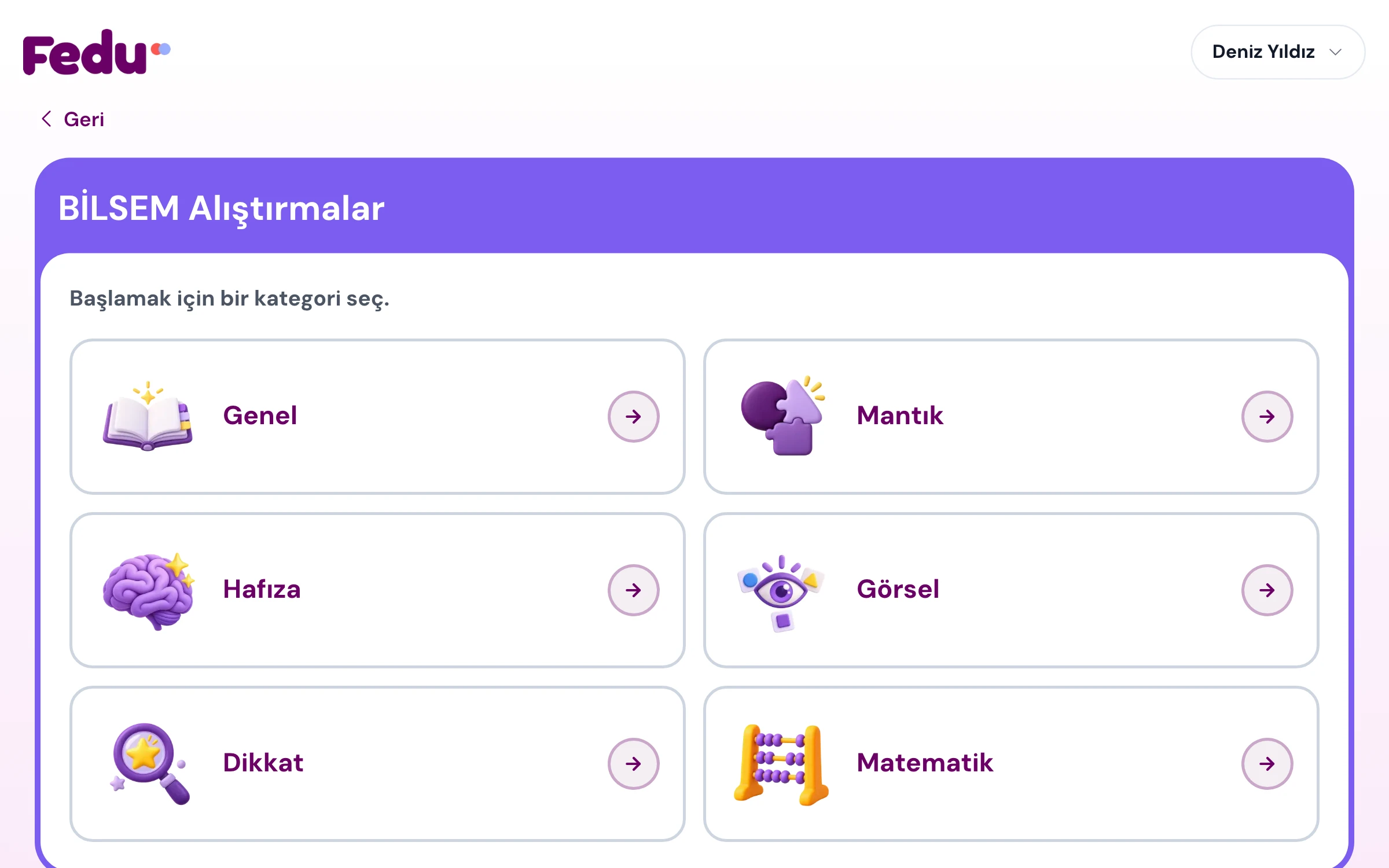 BİLSEM alıştırmalar sayfası: Genel, Mantık, Hafıza, Görsel, Dikkat ve Matematik kategorileri