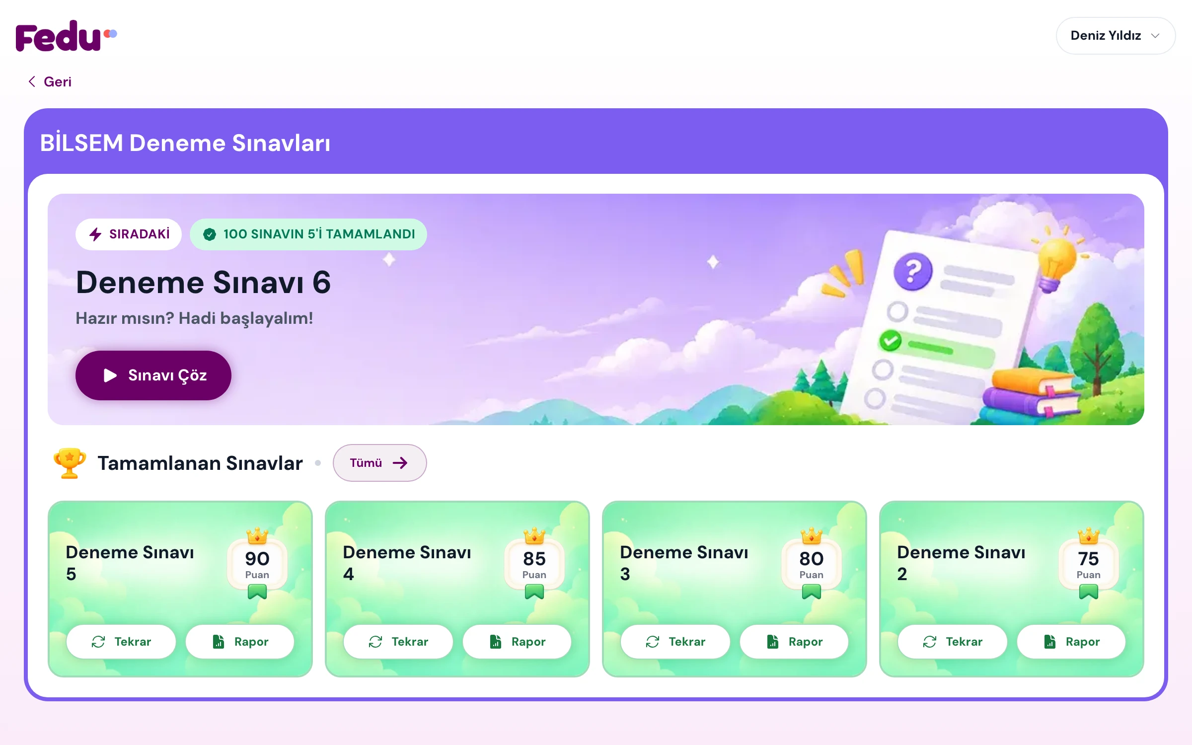BİLSEM deneme sınavları sayfası: sıradaki sınav ve tamamlanan sınavların puanları