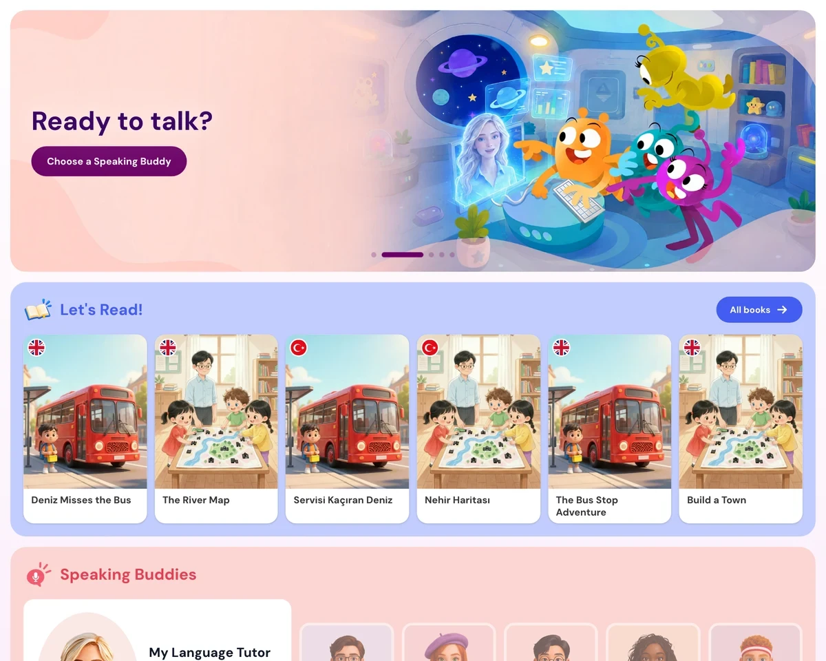 The Fedu student home screen, with a speaking buddy and a shelf of English books
