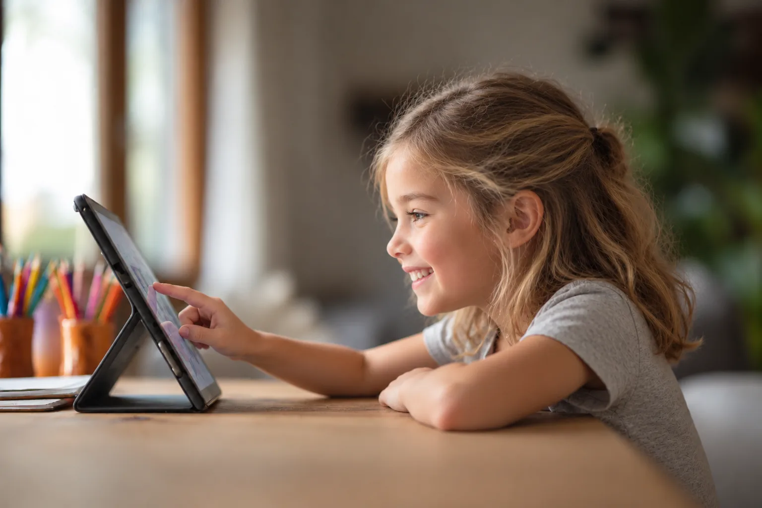 A child smiling while learning on a tablet