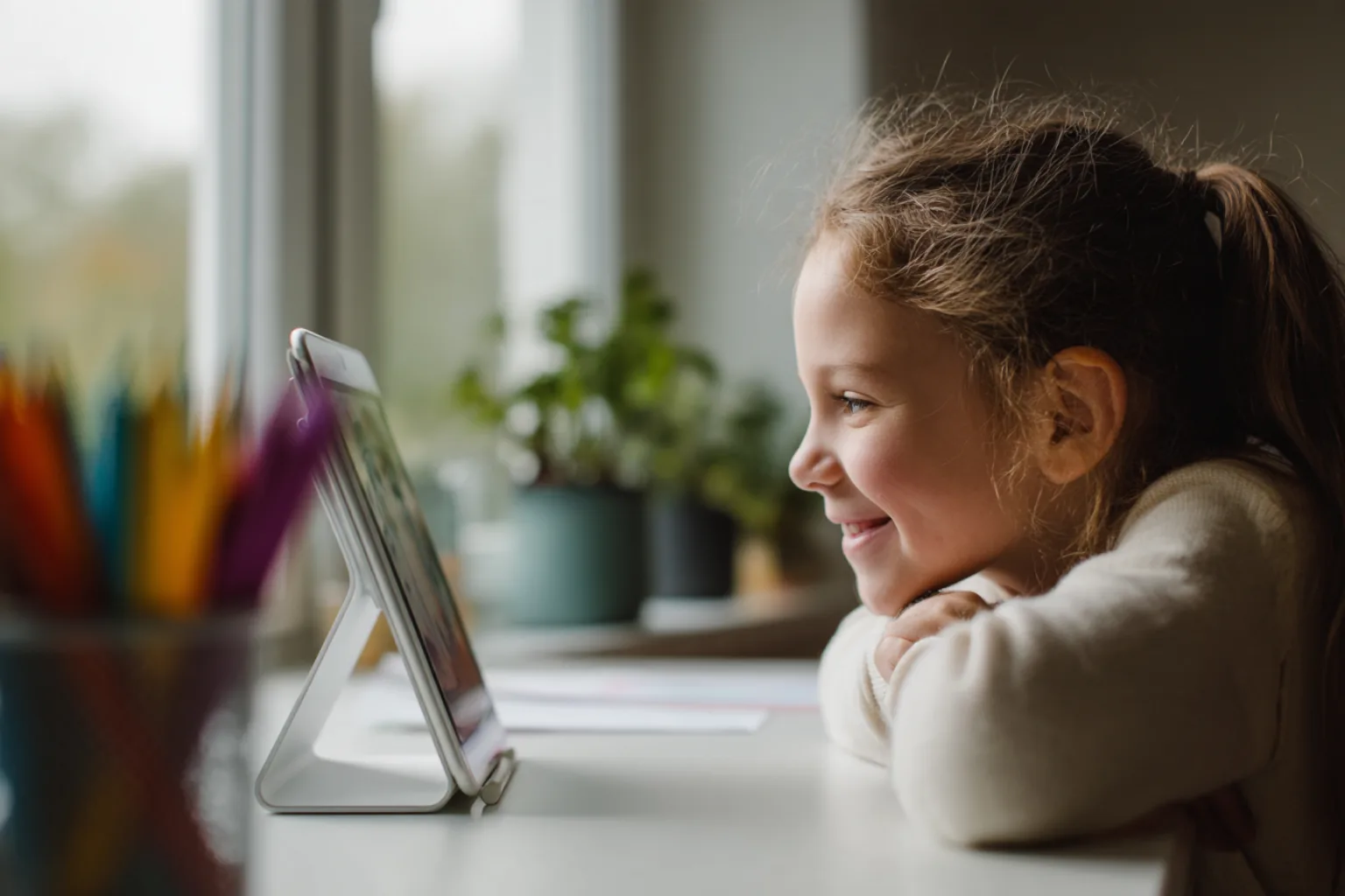 A child practising on a tablet, smiling at what is on the screen