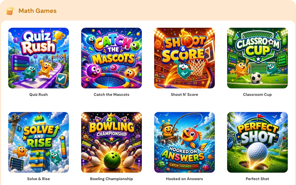 Fedu math games, from Quiz Rush to Shoot N' Score