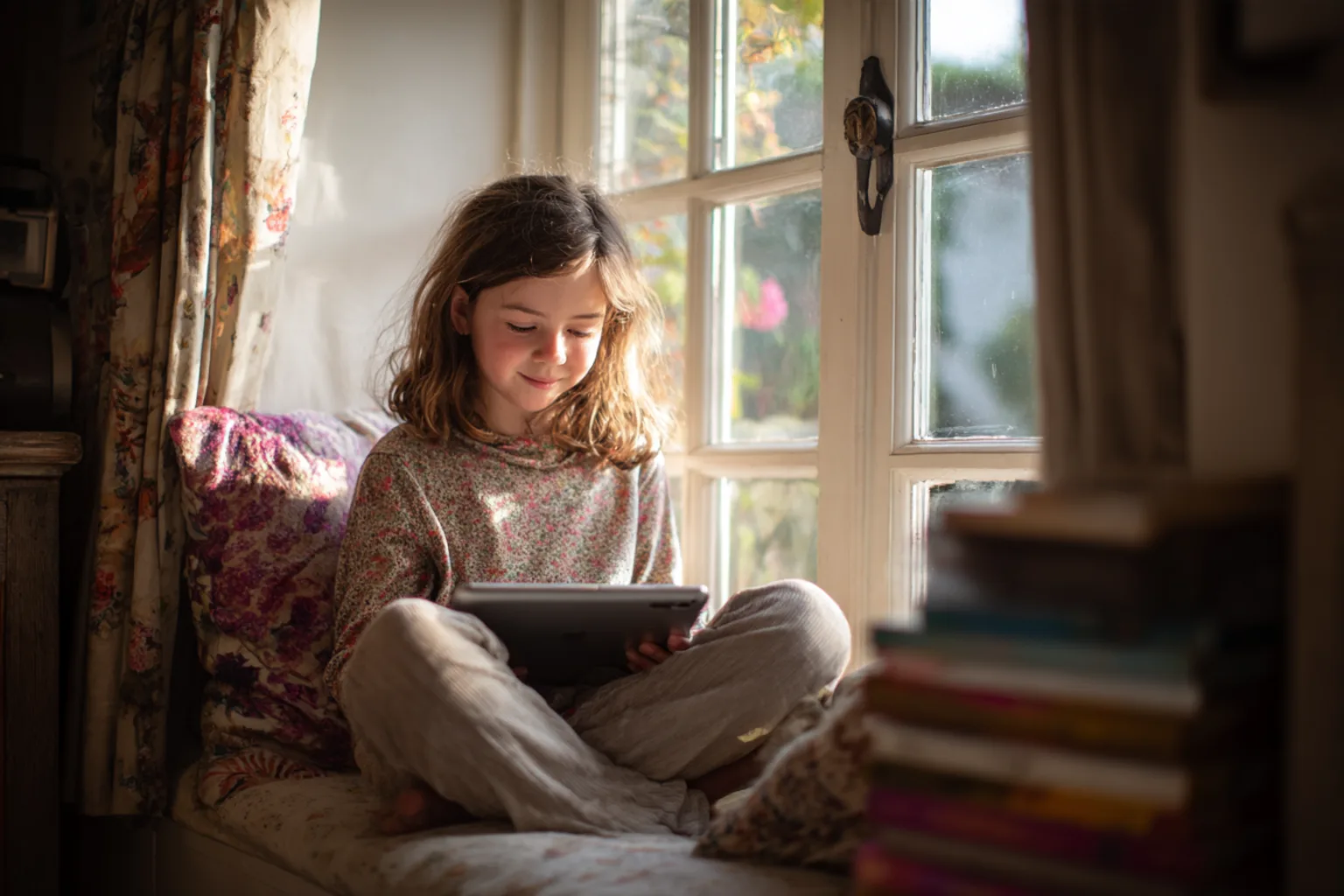 A child reading quietly on a tablet at home