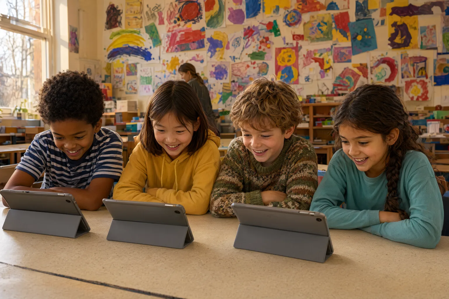 Children in class, each playing the same activity on their own tablet